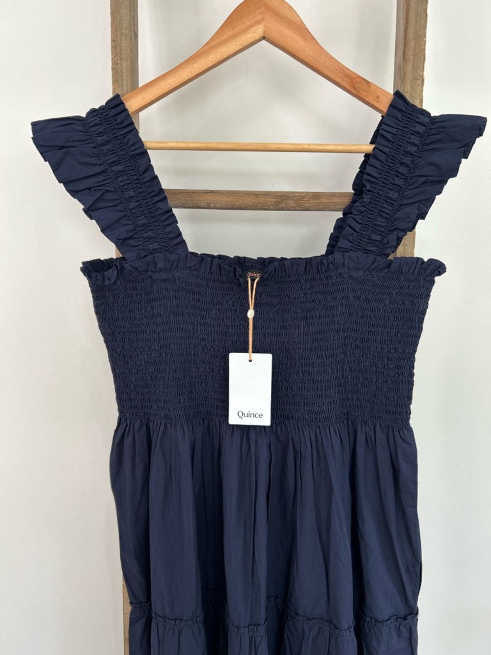 Quince Blue Organic Cotton Smocked Midi Dress Tiered Ruffle Boho Size XL NWT - Picture 4 of 9